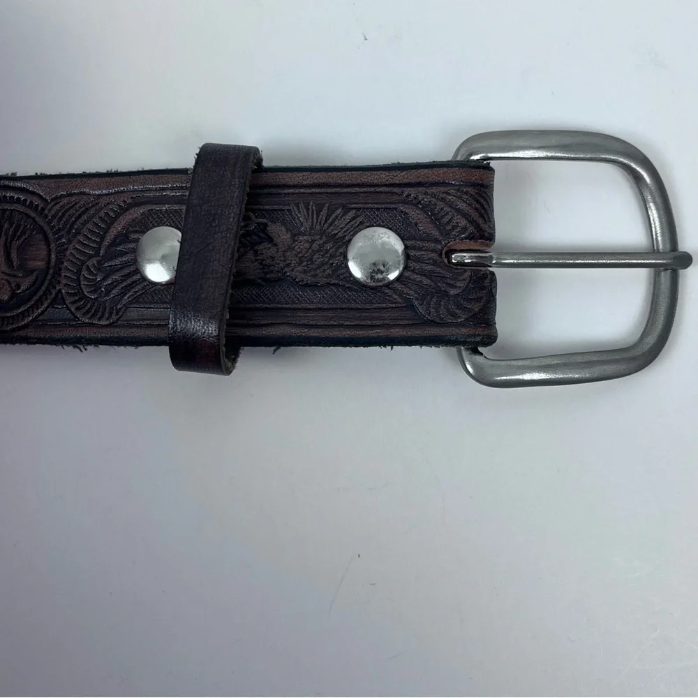 Men's Genuine Leather Hand Tooled & Embossed Eagle Themed Brown Belt Size 42